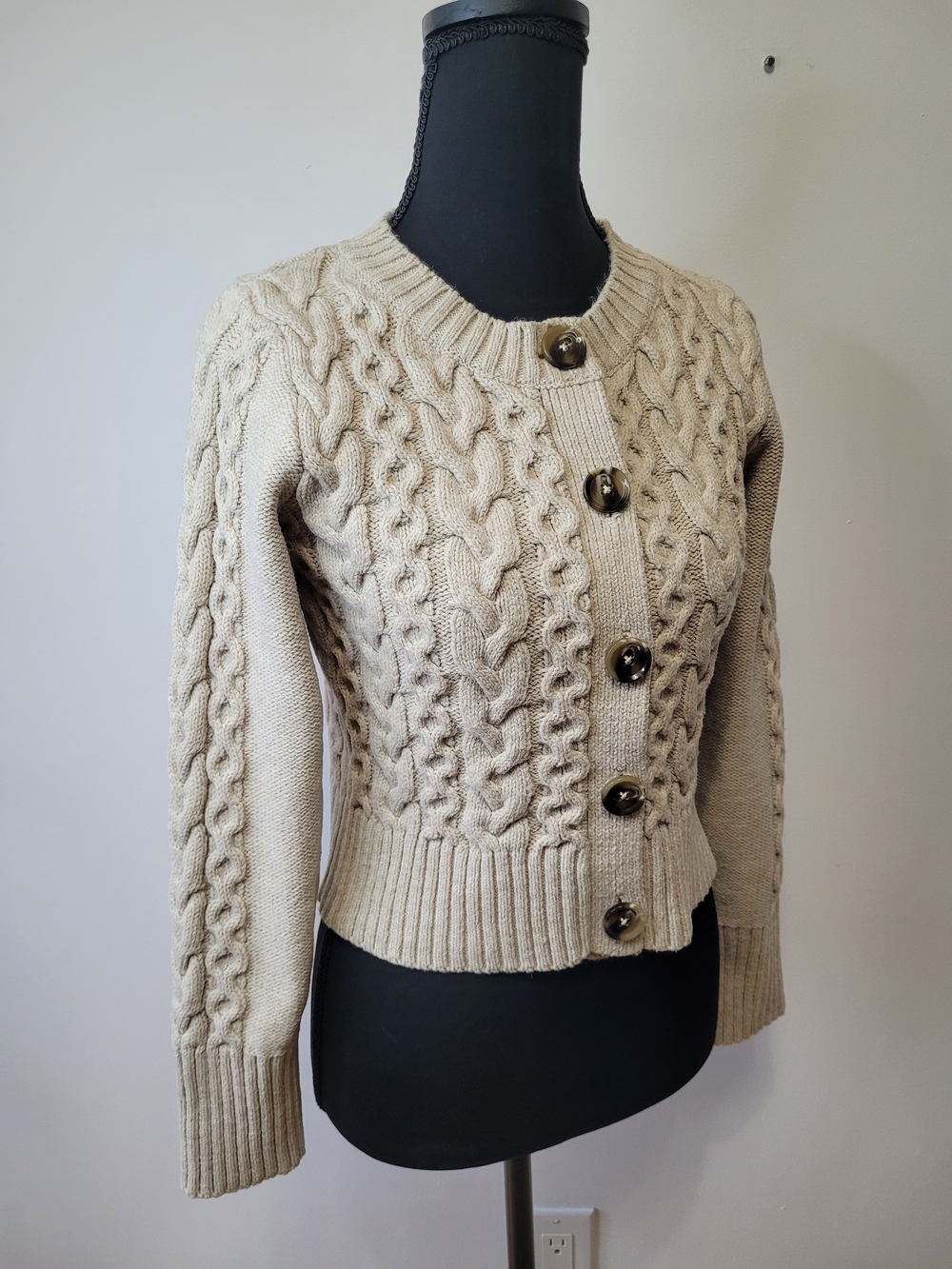 🍂 Anthropologie Maeve Beige Chunky Cable Knit Cropped Cardigan Size XS